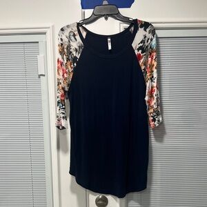 Women’s Navy Raglan Long Sleeve Tee with Floral Print Sleeves